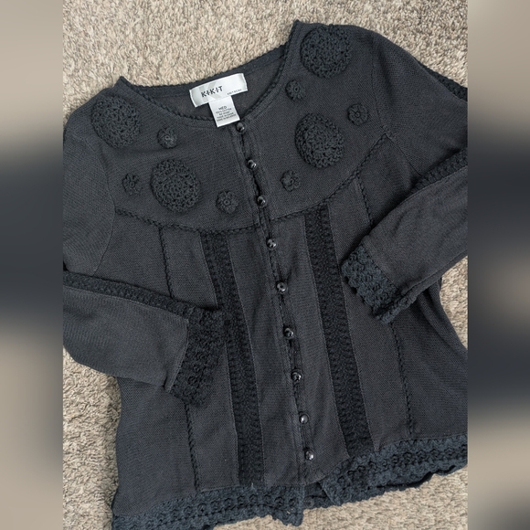 90s Y2K Cotton Mesh Knit Rosette Cardigan Blouse - Picture 1 of 9